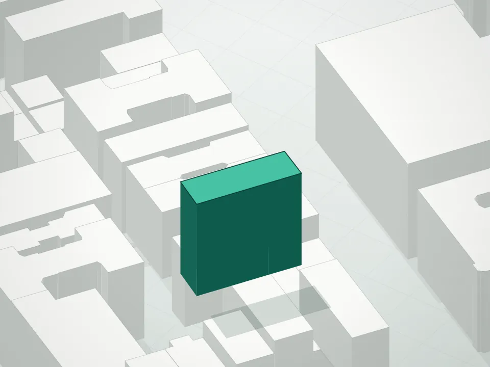 3D massing drawing of Thirteen East and neighboring buildings