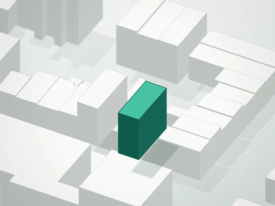 3D massing drawing of Meserole Tower and neighboring buildings