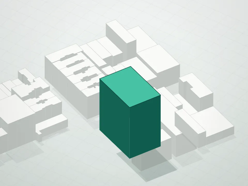 3D massing drawing of 242 Broome Street Condominium and neighboring buildings