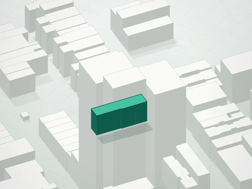 3D massing drawing of 318 West 47 Condominium and neighboring buildings