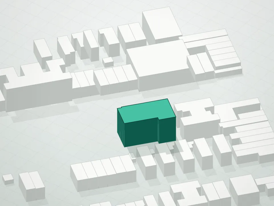 3D massing drawing of Bay Vista Condominium and neighboring buildings