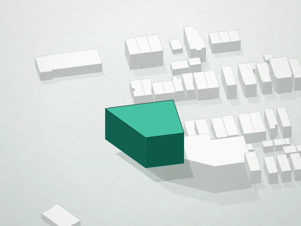 3D massing drawing of Dongan Tower Condominium and neighboring buildings