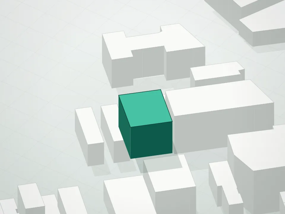 3D massing drawing of 26-14 28th Street Condominium and neighboring buildings
