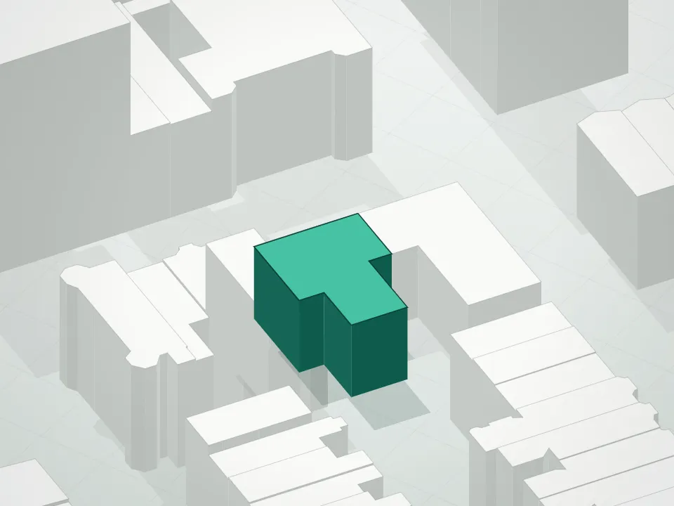 3D massing drawing of Tracy Mansion Condominium and neighboring buildings
