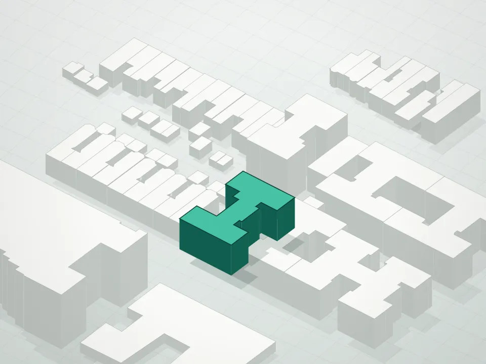 3D massing drawing of Crown 601 Condominium and neighboring buildings