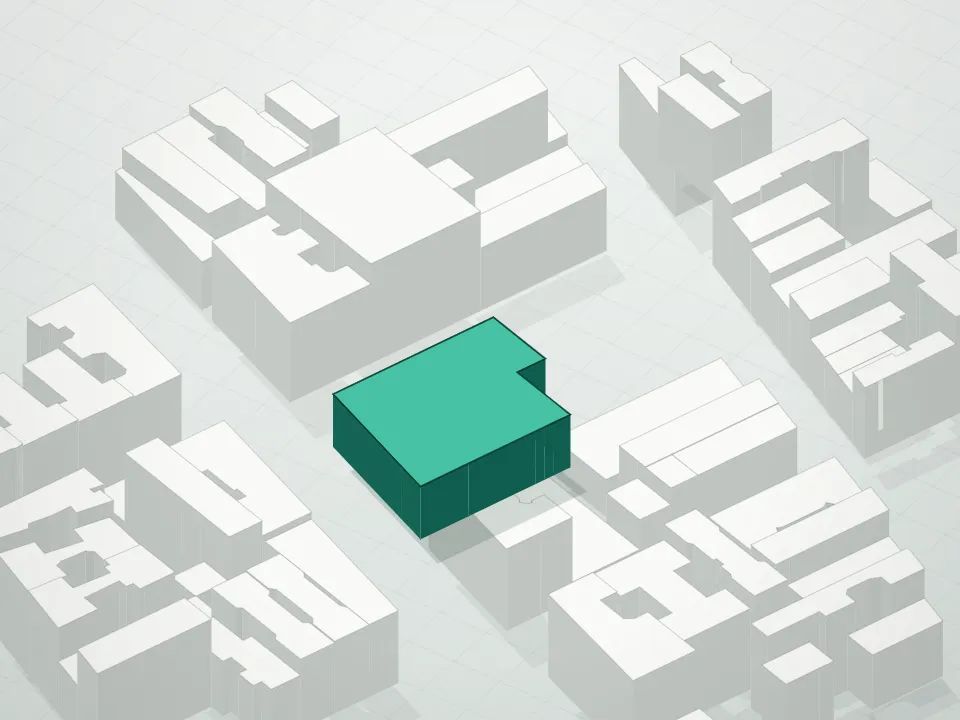 3D massing drawing of 75 Kenmare Street Condominium and neighboring buildings