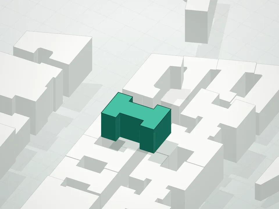 3D massing drawing of Presidio Condominium and neighboring buildings