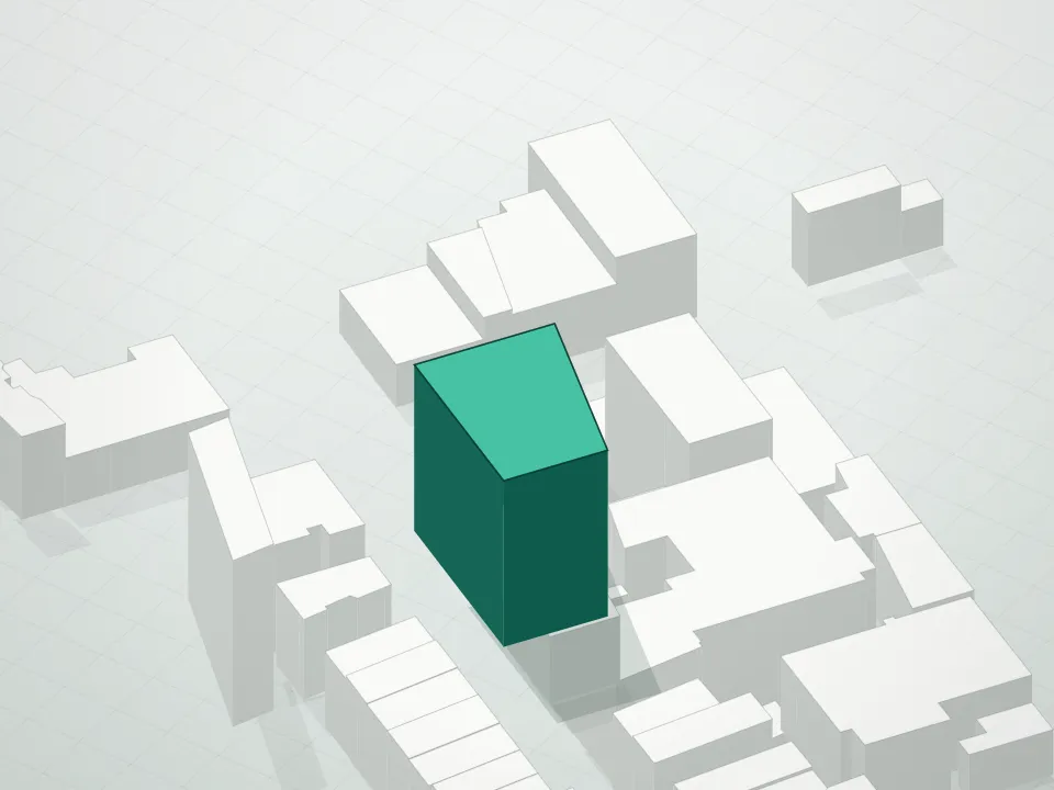 3D massing drawing of 32 East 1st Street Condominium and neighboring buildings