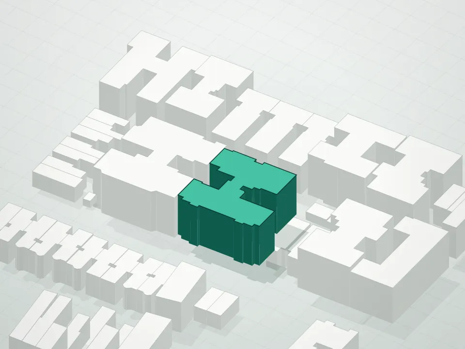 3D massing drawing of 61 Martense Street Condominium and neighboring buildings