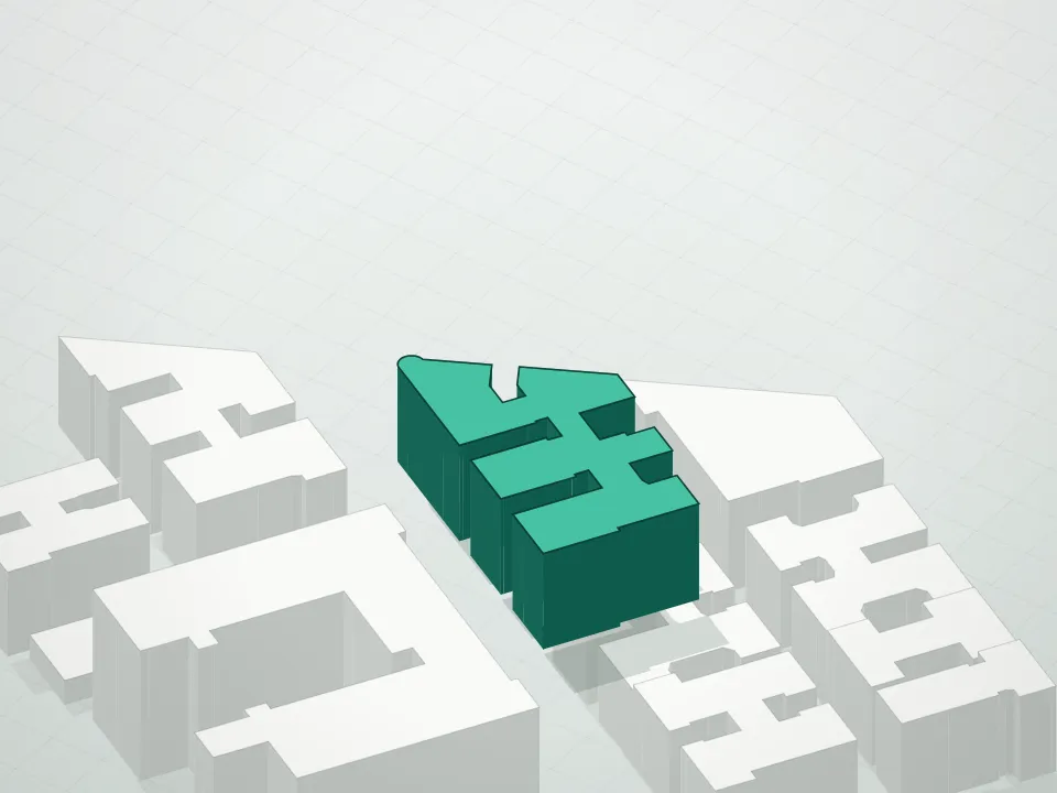 3D massing drawing of Residences, North Hills Phase Ii Condominium and neighboring buildings