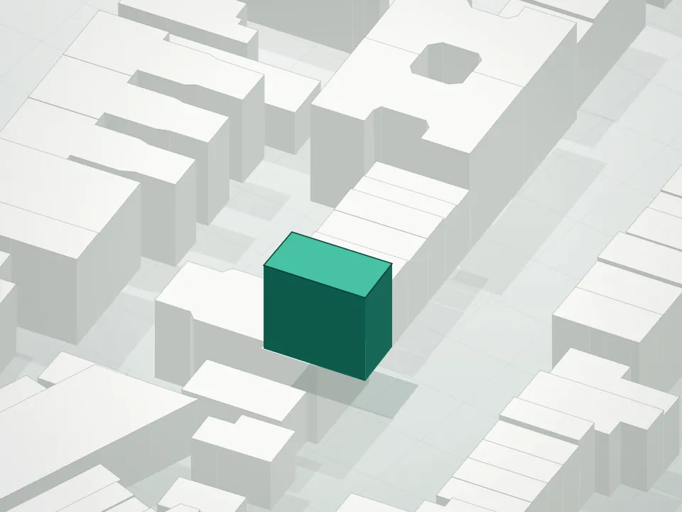 3D massing drawing of 132 Cambridge Place Condominium and neighboring buildings