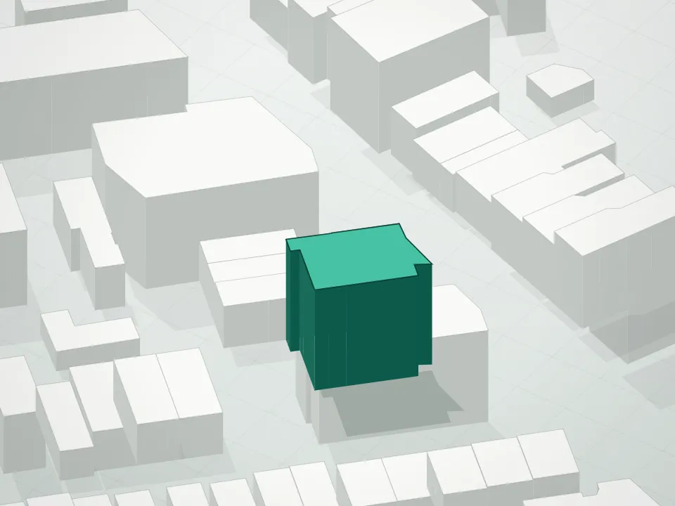 3D massing drawing of Slate Condominium and neighboring buildings