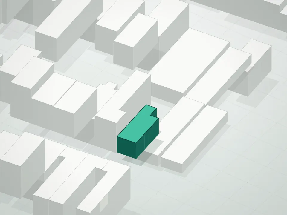 3D massing drawing of Dupont Villas and neighboring buildings