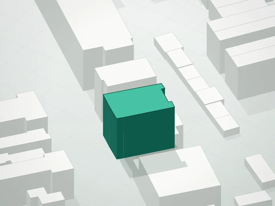 3D massing drawing of Lincoln Condominium and neighboring buildings