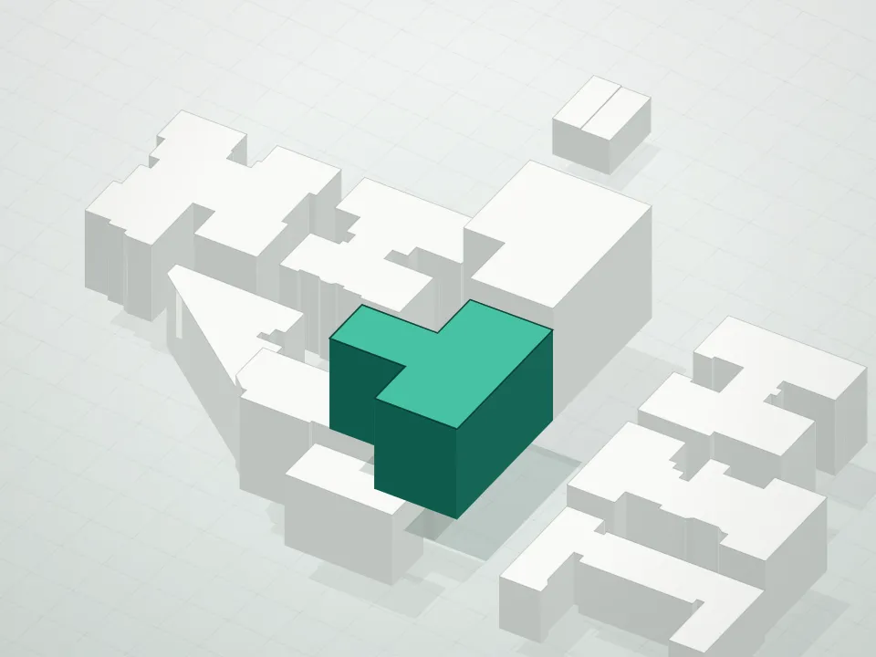 3D massing drawing of 2100 Bedford Avenue Condominium and neighboring buildings