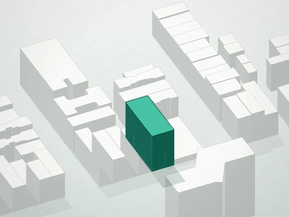 3D massing drawing of 75 1st Condominium and neighboring buildings