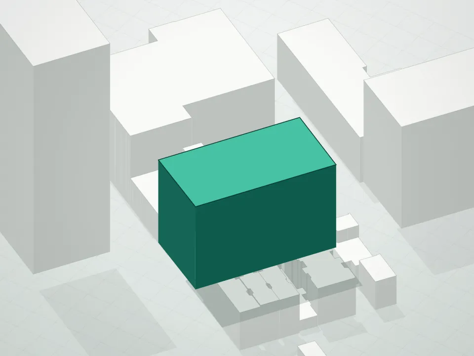 3D massing drawing of Charlie West Condominium and neighboring buildings