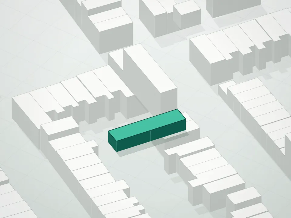 3D massing drawing of Carroll Street Condominiums and neighboring buildings