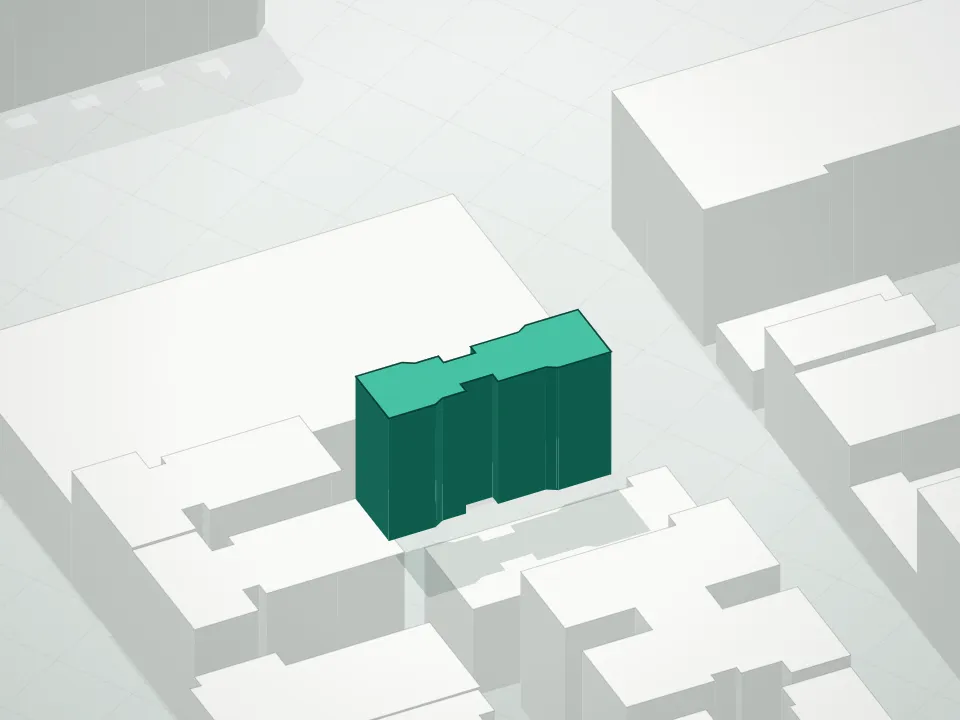 3D massing drawing of 66 West 138th Street Condominium and neighboring buildings