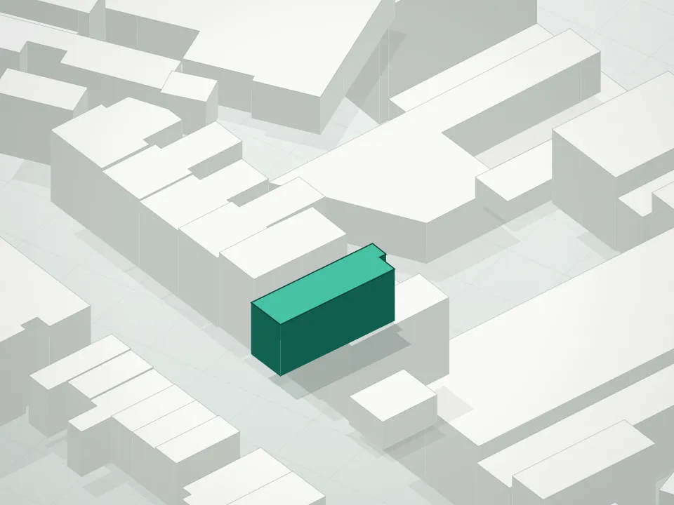 3D massing drawing of Villas At Prospect Place and neighboring buildings