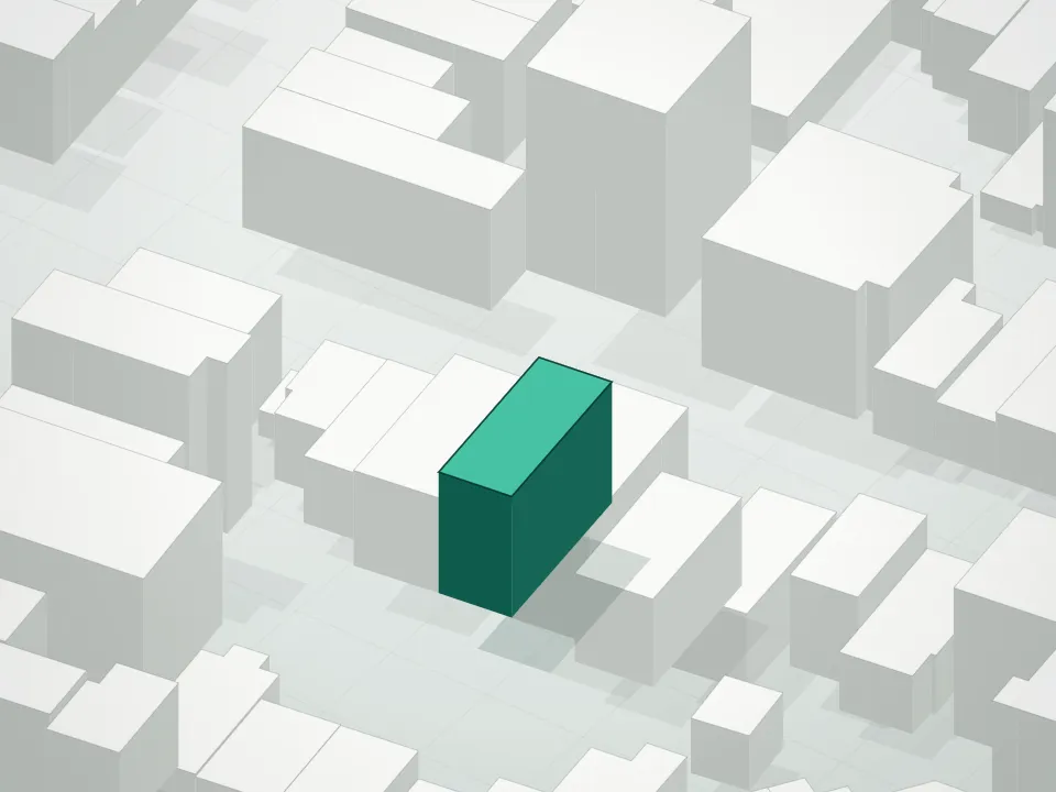 3D massing drawing of Miramar I Condominium and neighboring buildings
