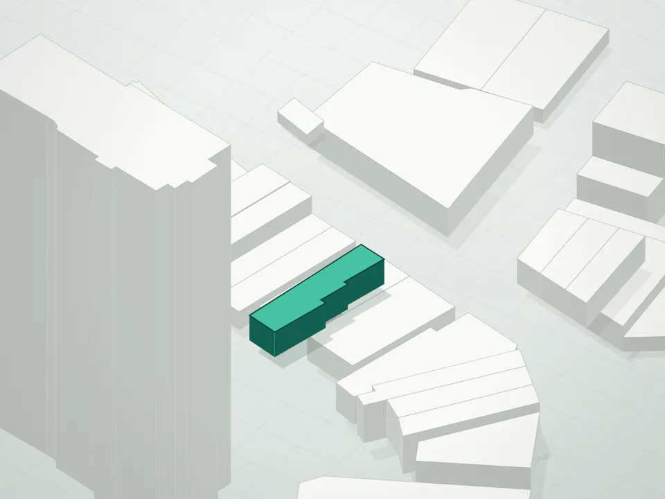 3D massing drawing of 1 Brooklyn Bay Condominiums and neighboring buildings