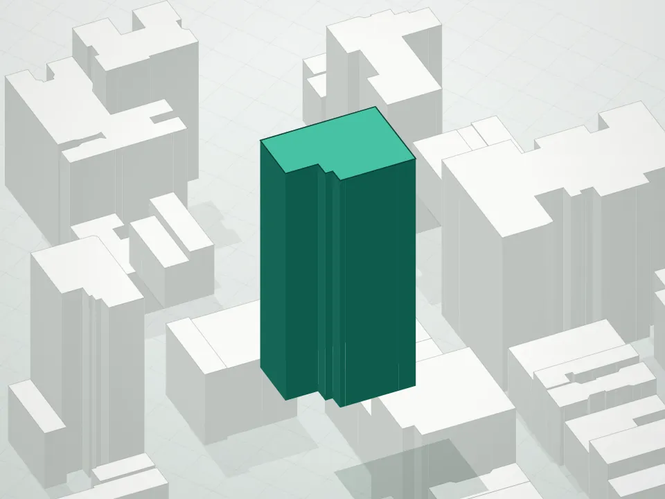 3D massing drawing of 200 East 21st Street Condominium and neighboring buildings