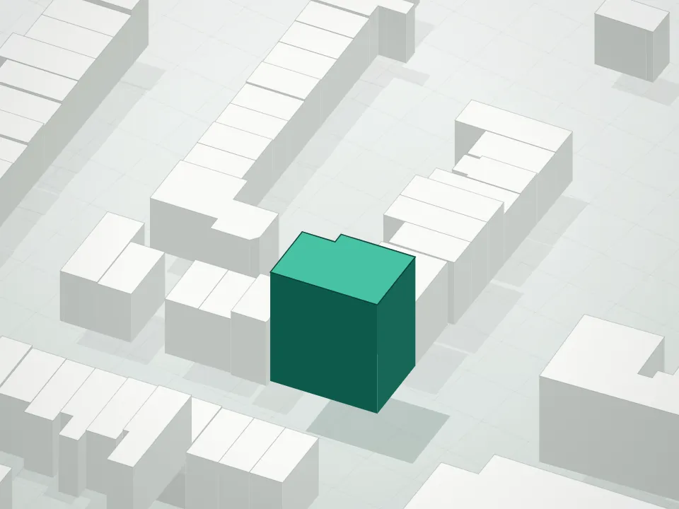 3D massing drawing of 75 Greene Avenue Condominium and neighboring buildings