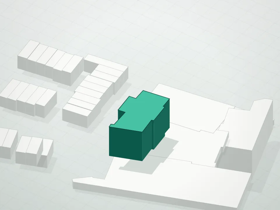 3D massing drawing of Elmhurst Plaza Condominium and neighboring buildings