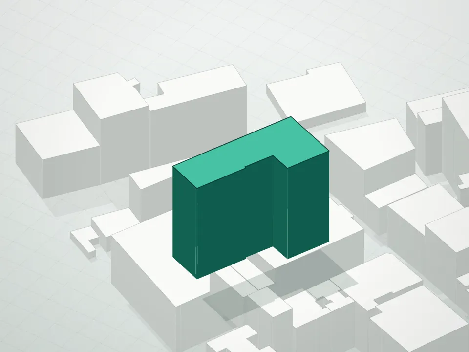 3D massing drawing of 40 Bleecker and neighboring buildings