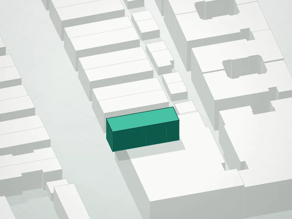 3D massing drawing of 965 Condominium and neighboring buildings