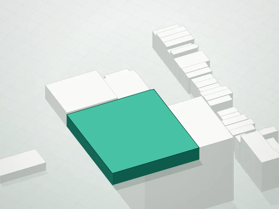 3D massing drawing of Dovecote Condominium and neighboring buildings