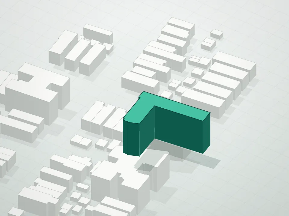 3D massing drawing of Azrad Condominium Association and neighboring buildings