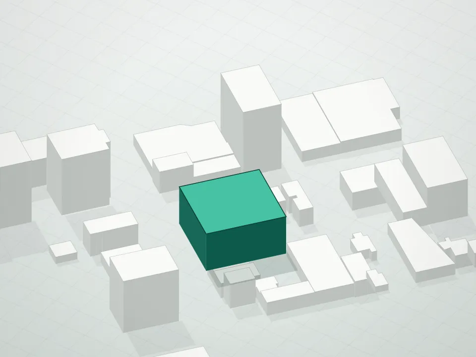 3D massing drawing of 27-05 Condominium and neighboring buildings