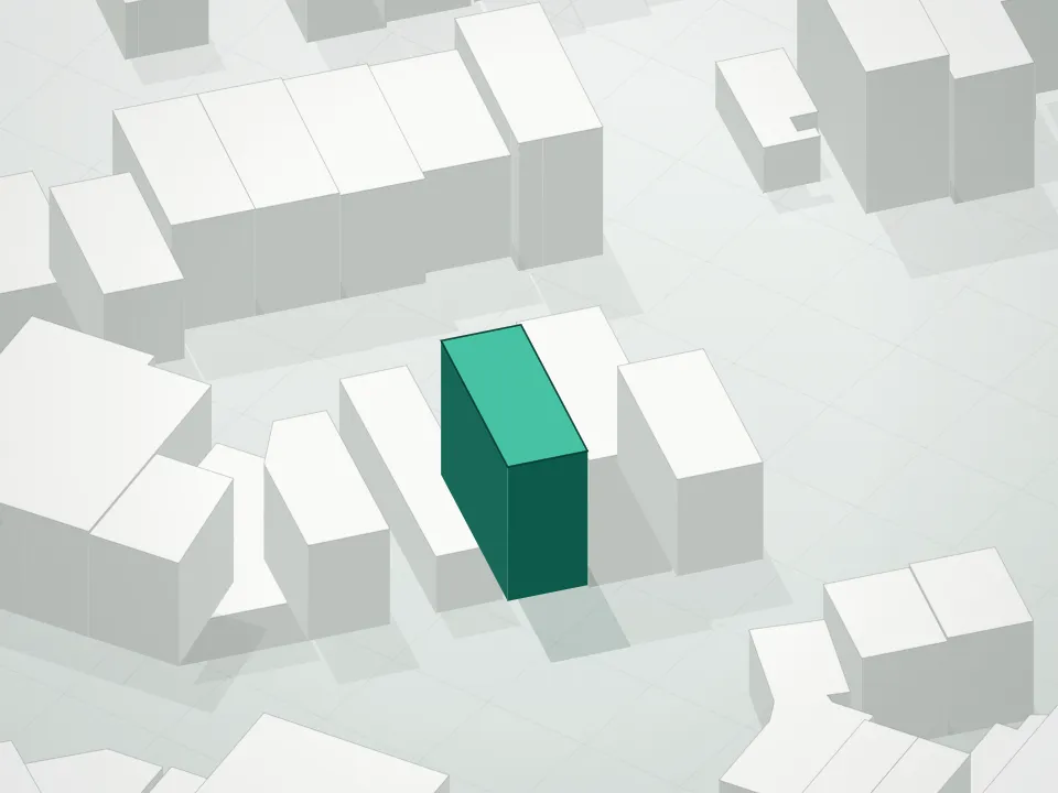 3D massing drawing of 129 Stockholm Street Condominium and neighboring buildings