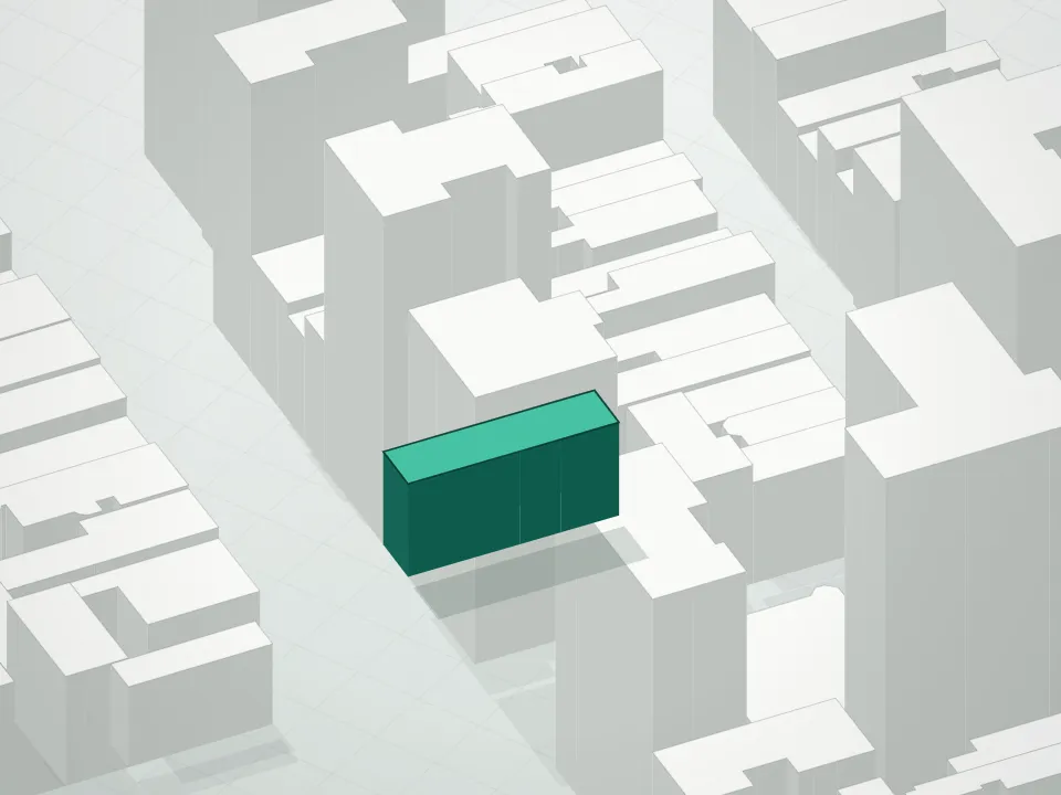 3D massing drawing of 27e79 Condominium and neighboring buildings
