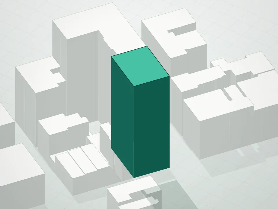 3D massing drawing of Two Fifty West 81 St and neighboring buildings