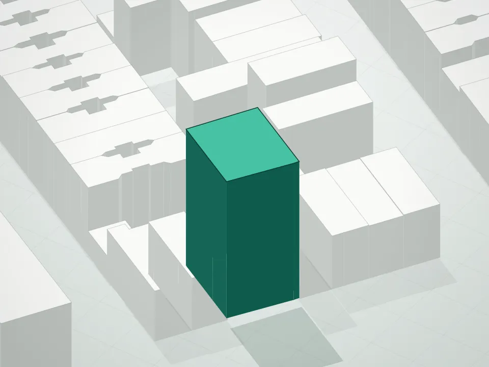 3D massing drawing of Cereza and neighboring buildings