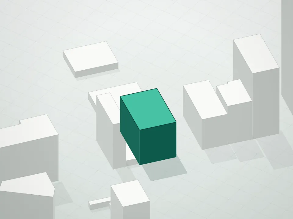 3D massing drawing of Arcadia Lic and neighboring buildings