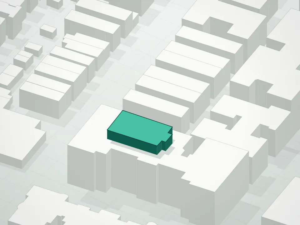 3D massing drawing of Highline Condominium and neighboring buildings