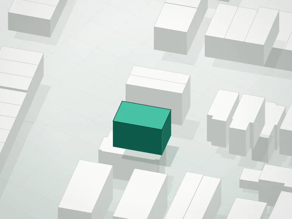3D massing drawing of U-Build Garden Condominium and neighboring buildings
