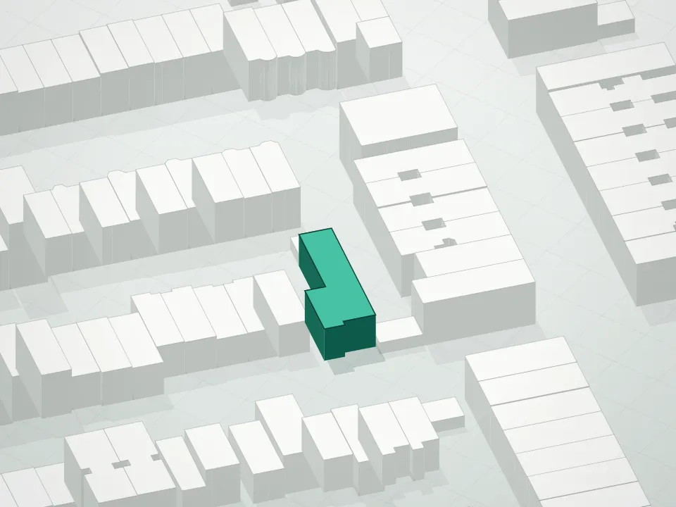 3D massing drawing of 189 Cooper Street Condominium and neighboring buildings
