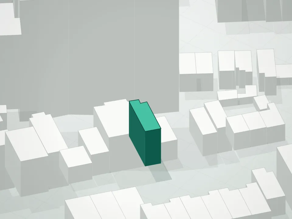 3D massing drawing of 1273 Dekalb Avenue Condominium and neighboring buildings
