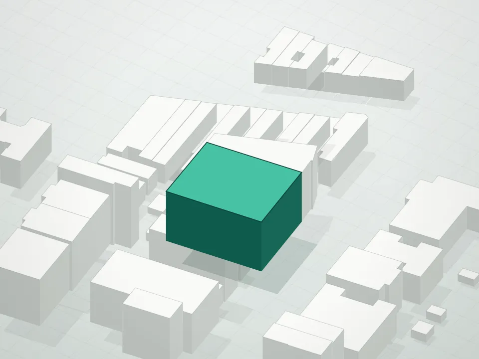 3D massing drawing of Onyx Square Condominium and neighboring buildings