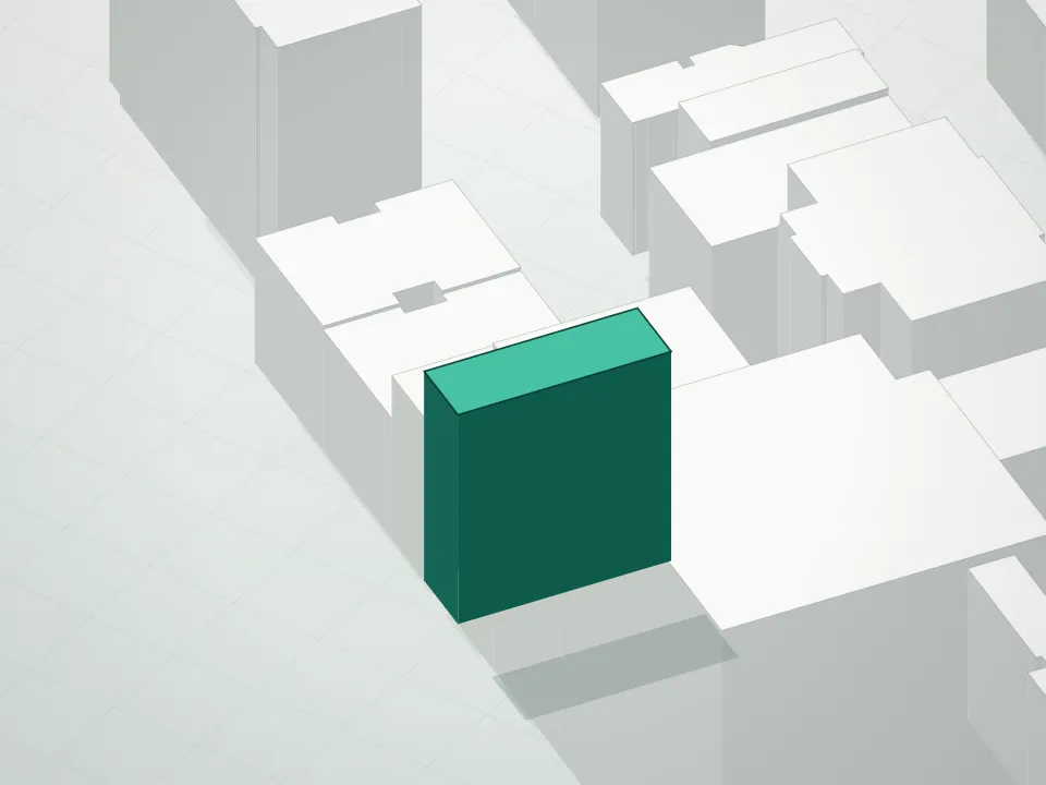 3D massing drawing of Houston House and neighboring buildings