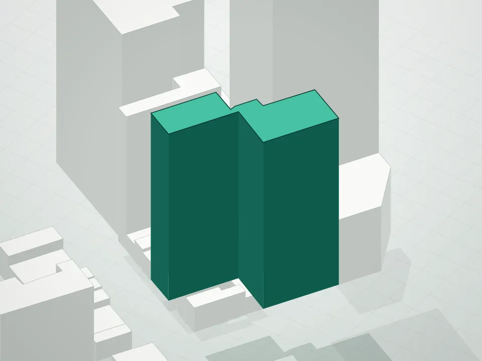 3D massing drawing of 10 Nevins Street Condominium and neighboring buildings