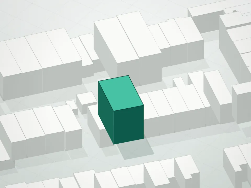 3D massing drawing of 27 Kossuth Place Condominium and neighboring buildings