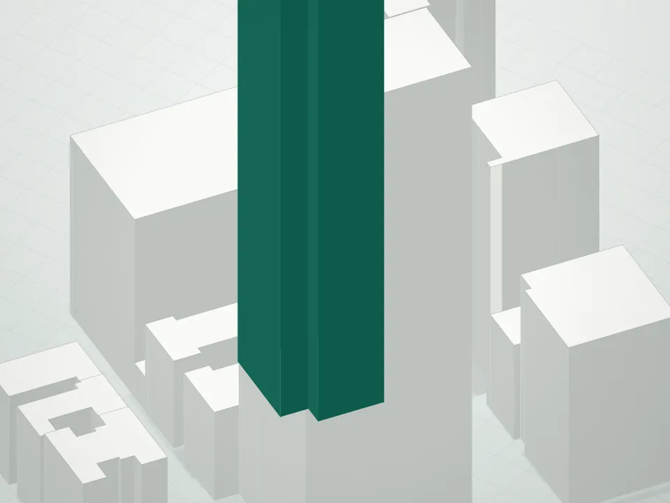 3D massing drawing of Centrale Condominium and neighboring buildings