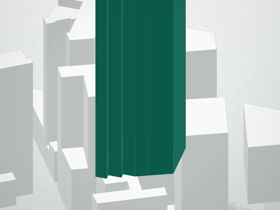 3D massing drawing of 25 Park Row Condominium and neighboring buildings
