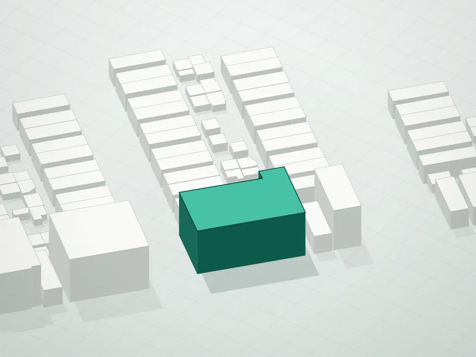 3D massing drawing of Bay Plaza Condominium and neighboring buildings